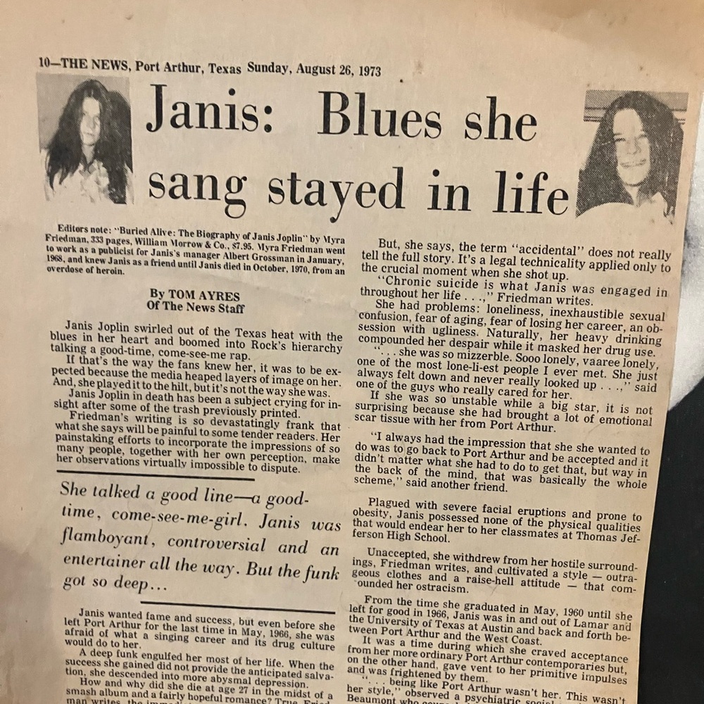 Vintage Newspaper Clipping of Janis Joplin
